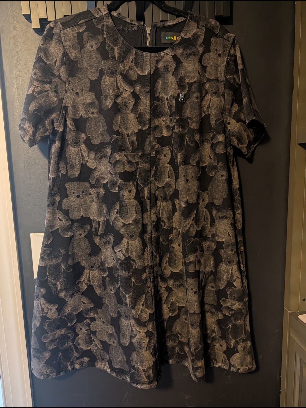 Teddy Fresh Black and Gray Denim Bear Print Mini Dress
